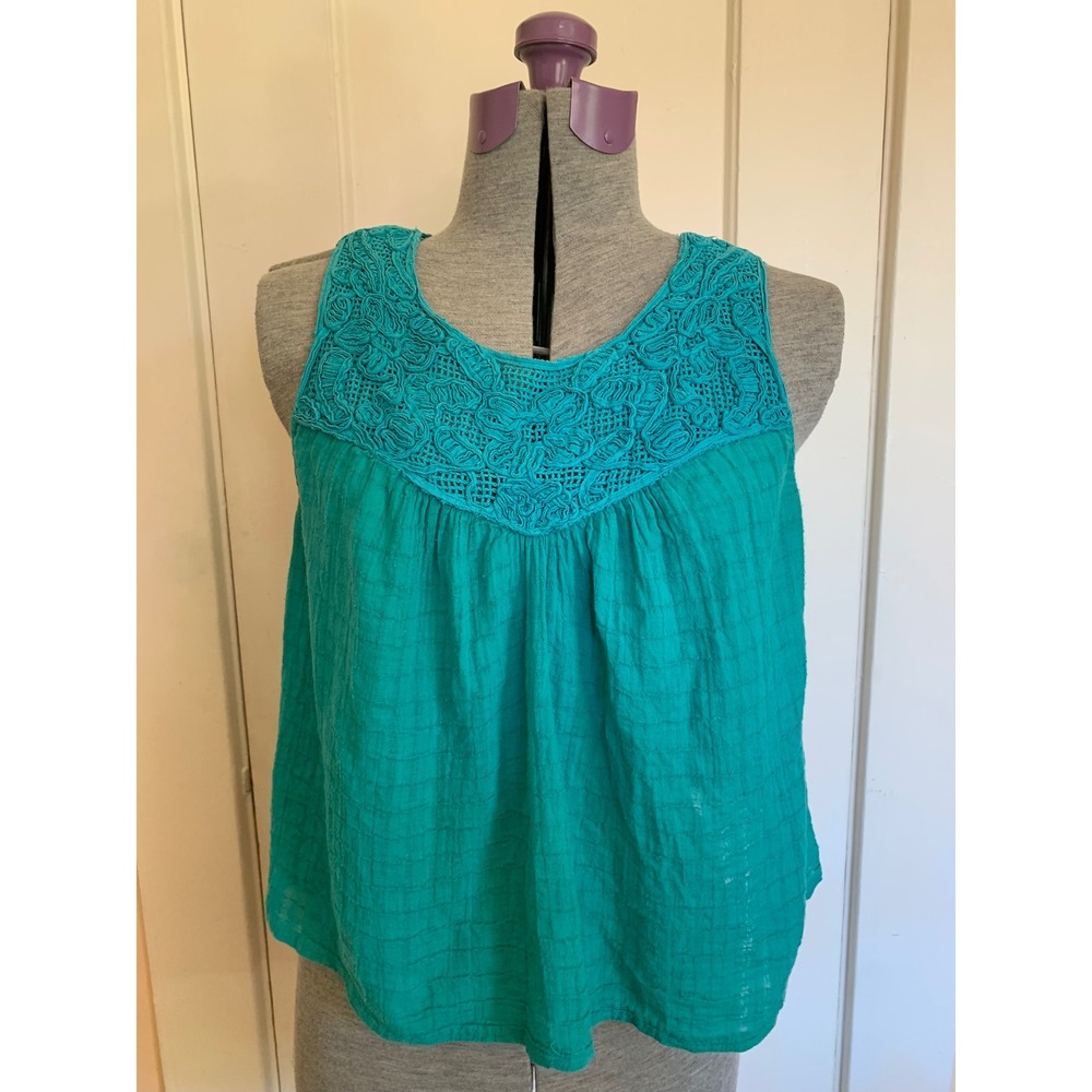Max Studio Womens Crochet Lace Yoke Sleeveless Gauze Top Teal Green Medium